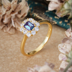 Emerald Cut Engagement Ring Classic Alexandrite Halo Promise Ring