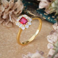 Emerald Cut Engagement Ring Classic Ruby Halo Promise Ring