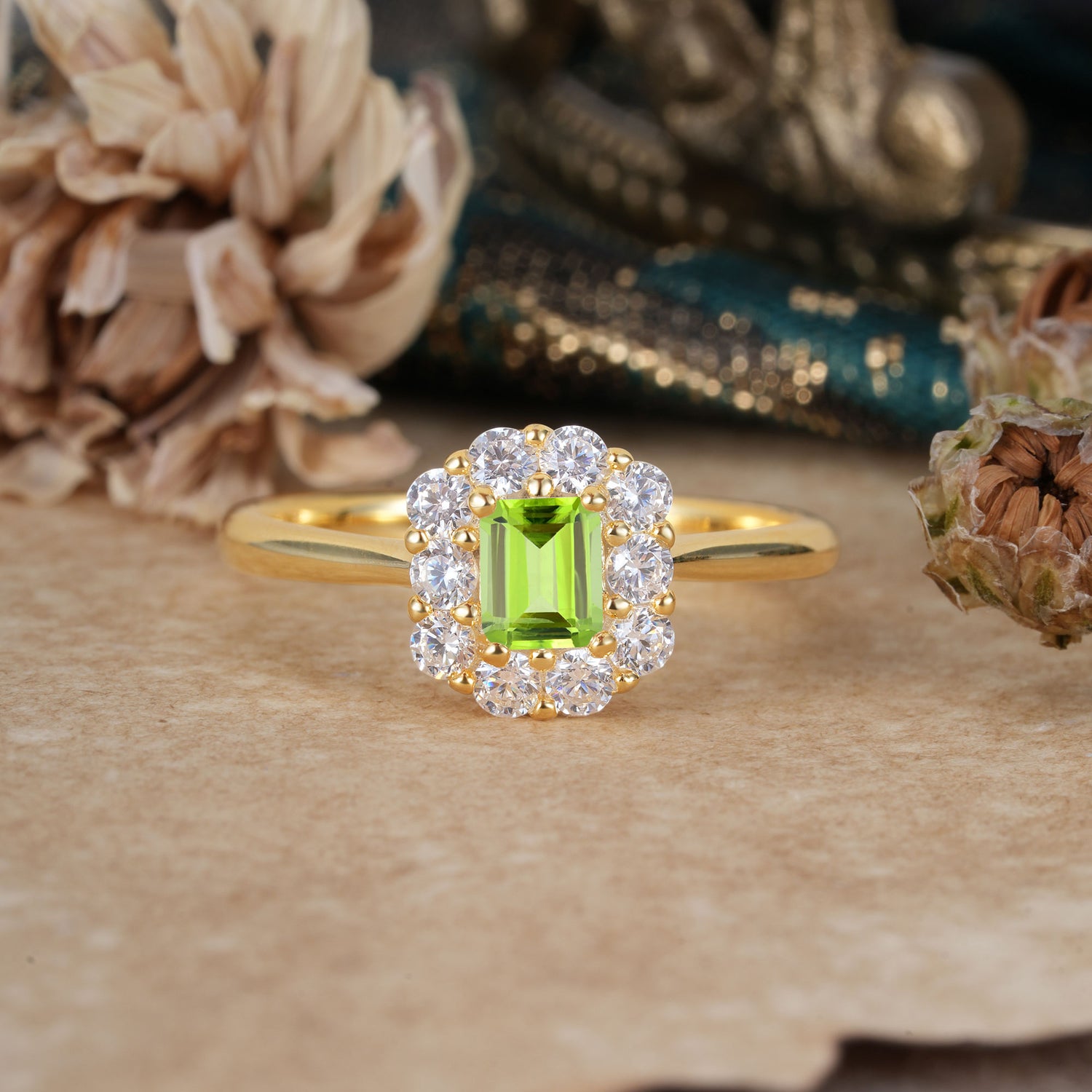 Emerald Cut Engagement Ring Classic Peridot Halo Promise Ring