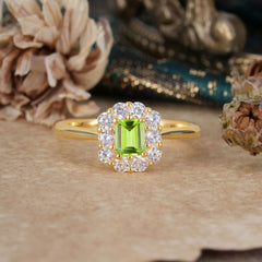 Emerald Cut Engagement Ring Classic Peridot Halo Promise Ring
