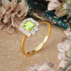 Emerald Cut Engagement Ring Classic Peridot Halo Promise Ring