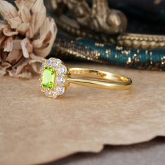 Emerald Cut Engagement Ring Classic Peridot Halo Promise Ring
