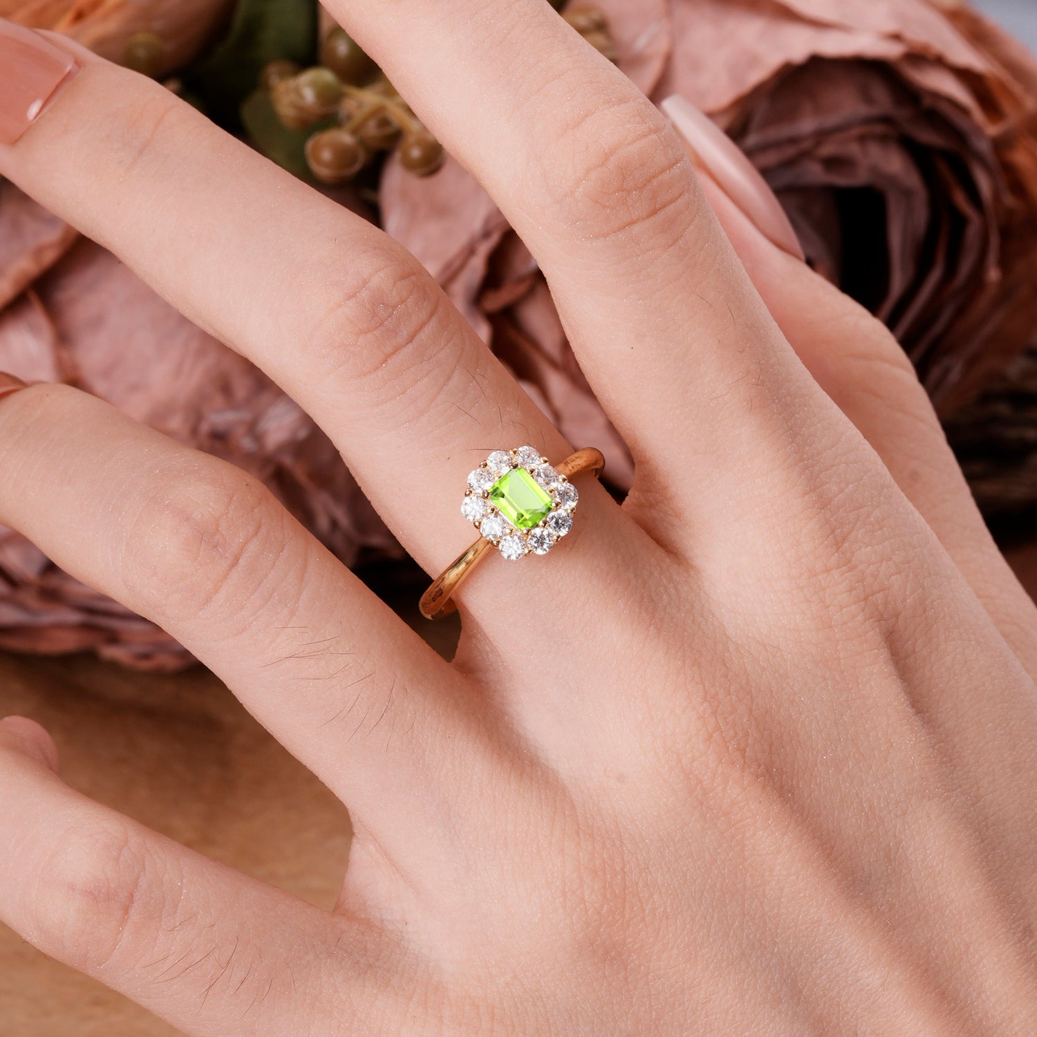Emerald Cut Engagement Ring Classic Peridot Halo Promise Ring