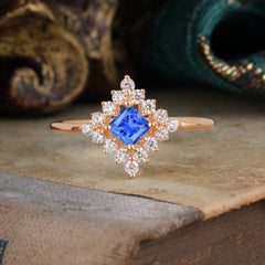 Vintage Princess Cut Cluster Sapphire Promise Ring Halo Bridal Ring