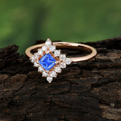 Vintage Princess Cut Cluster Sapphire Promise Ring Halo Bridal Ring