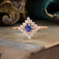 Vintage Princess Cut Cluster Tanzanite Promise Ring Halo Bridal Ring