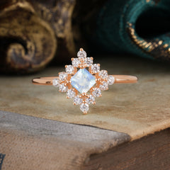 Vintage Princess Cut Cluster Natural Moonstone Promise Ring Halo Bridal Ring