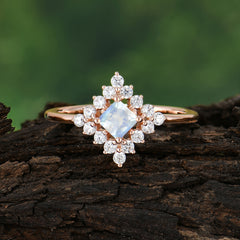 Vintage Princess Cut Cluster Moonstone Promise Ring Halo Bridal Ring