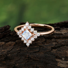Vintage Princess Cut Cluster Moonstone Promise Ring Halo Bridal Ring