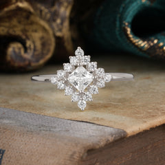 Vintage Princess Cut Cluster Moissanite Promise Ring Halo Bridal Ring