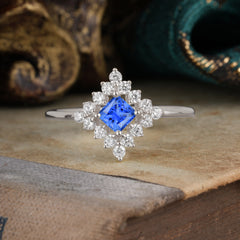 Vintage Princess Cut Cluster Sapphire Promise Ring Halo Bridal Ring