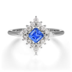 Vintage Princess Cut Cluster Sapphire Promise Ring Halo Bridal Ring