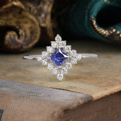 Vintage Princess Cut Cluster Tanzanite Promise Ring Halo Bridal Ring