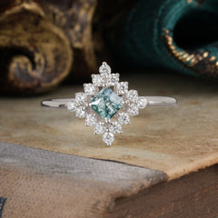 Vintage Princess Cut Cluster Moss Agate Promise Ring Halo Bridal Ring