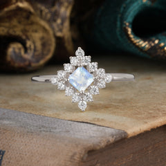 Vintage Princess Cut Cluster Natural Moonstone Promise Ring Halo Bridal Ring