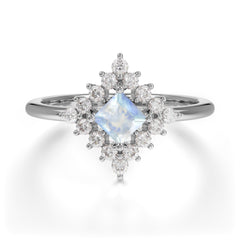 Vintage Princess Cut Cluster Moonstone Promise Ring Halo Bridal Ring