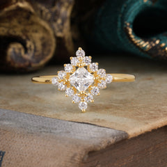 Vintage Princess Cut Cluster Moissanite Promise Ring Halo Bridal Ring