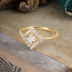 Vintage Princess Cut Cluster Moissanite Promise Ring Halo Bridal Ring