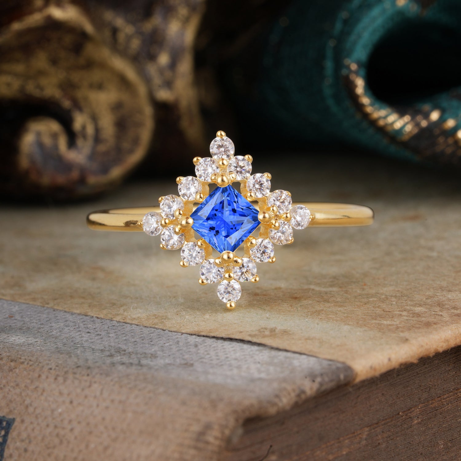 Vintage Princess Cut Cluster Sapphire Engagement Ring Halo Bridal Ring