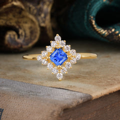 Vintage Princess Cut Cluster Sapphire Promise Ring Halo Bridal Ring