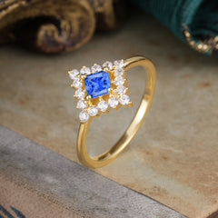 Vintage Princess Cut Cluster Sapphire Promise Ring Halo Bridal Ring