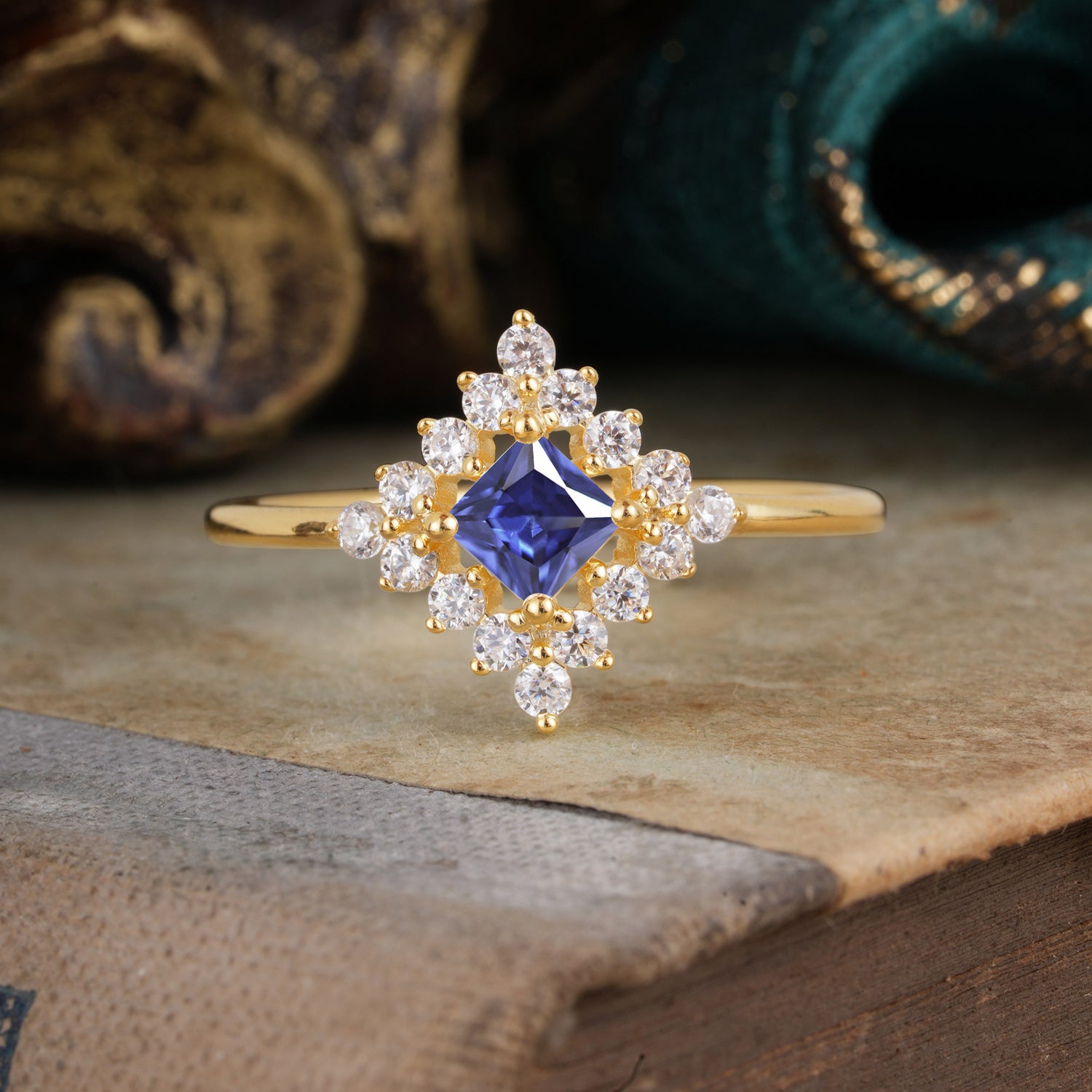 Vintage Princess Cut Cluster Tanzanite Engagement Ring Halo Bridal Ring