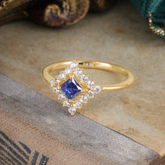 Vintage Princess Cut Cluster Tanzanite Promise Ring Halo Bridal Ring