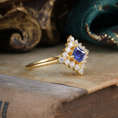 Vintage Princess Cut Cluster Tanzanite Promise Ring Halo Bridal Ring