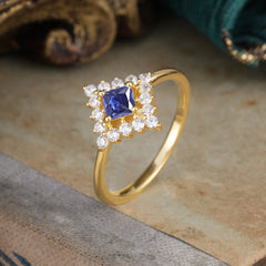 Vintage Princess Cut Cluster Tanzanite Promise Ring Halo Bridal Ring