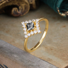 Vintage Princess Cut Cluster Black Rutilated Quartz Promise Ring Halo Bridal Ring