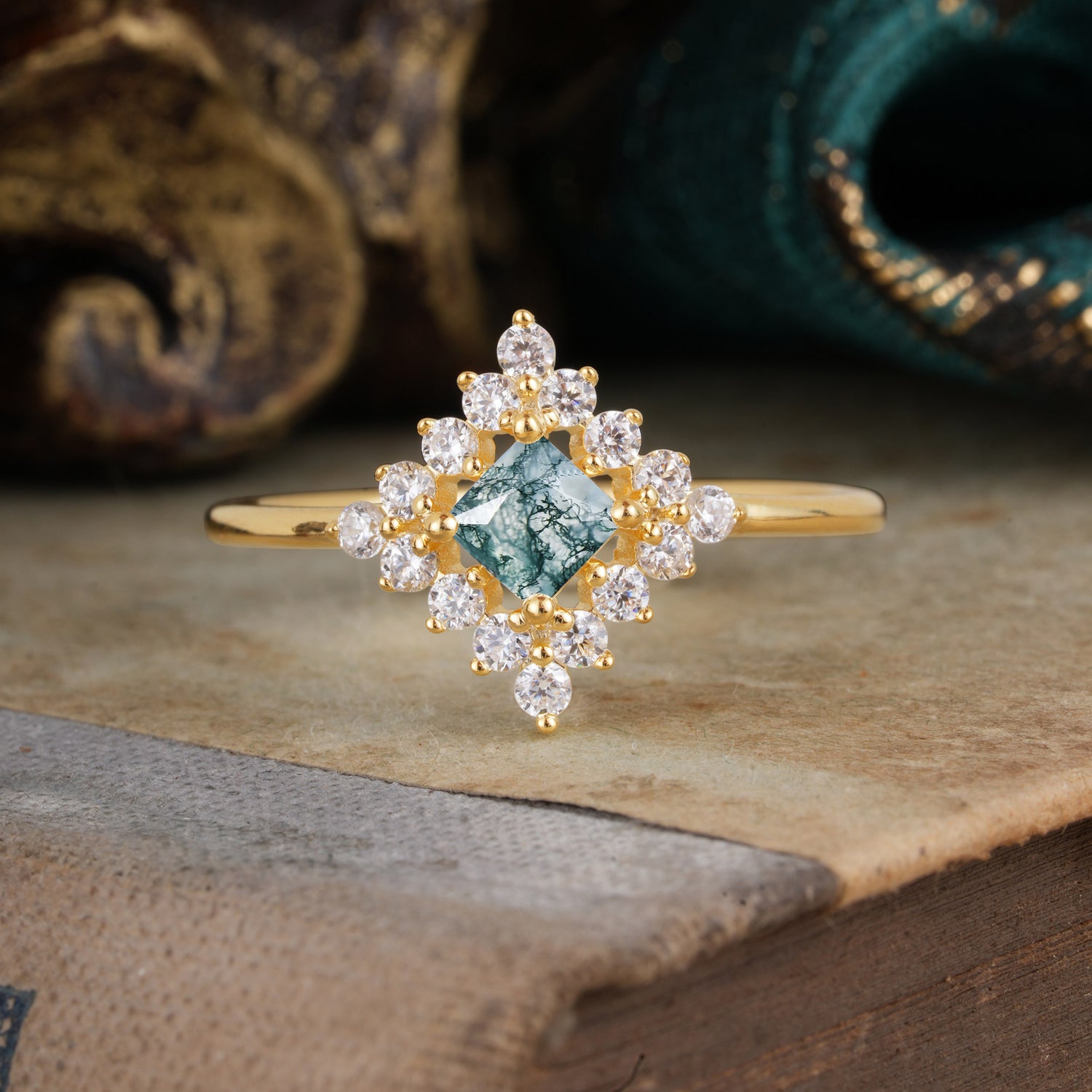 Vintage Princess Cut Cluster Moss Agate Engagement Ring Halo Bridal Ring