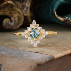 Vintage Princess Cut Cluster Moss Agate Promise Ring Halo Bridal Ring