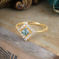 Vintage Princess Cut Cluster Moss Agate Promise Ring Halo Bridal Ring