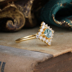 Vintage Princess Cut Cluster Moss Agate Promise Ring Halo Bridal Ring