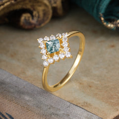 Vintage Princess Cut Cluster Moss Agate Promise Ring Halo Bridal Ring