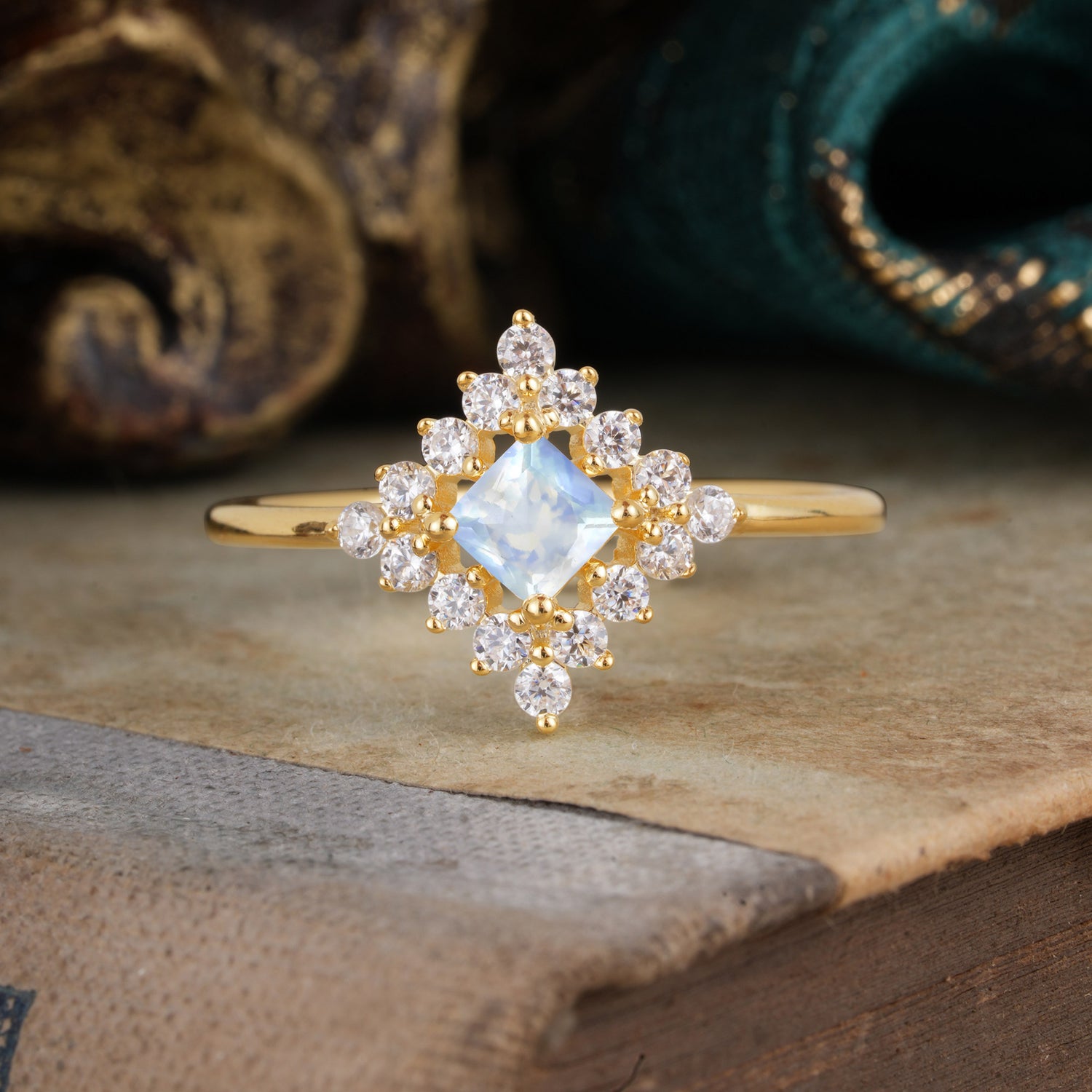 Vintage Princess Cut Cluster Natural Moonstone Promise Ring Halo Engagement Ring