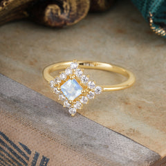 Vintage Princess Cut Cluster Natural Moonstone Promise Ring Halo Bridal Ring