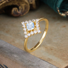 Vintage Princess Cut Cluster Natural Moonstone Promise Ring Halo Bridal Ring