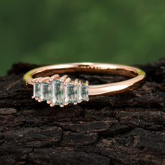 Baguette Cut Classic Moss Agate Promise Ring Side Stone Stacking Ring