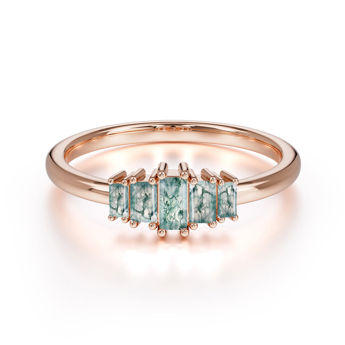 Baguette Cut Classic Moss Agate Promise Ring Side Stone Stacking Ring