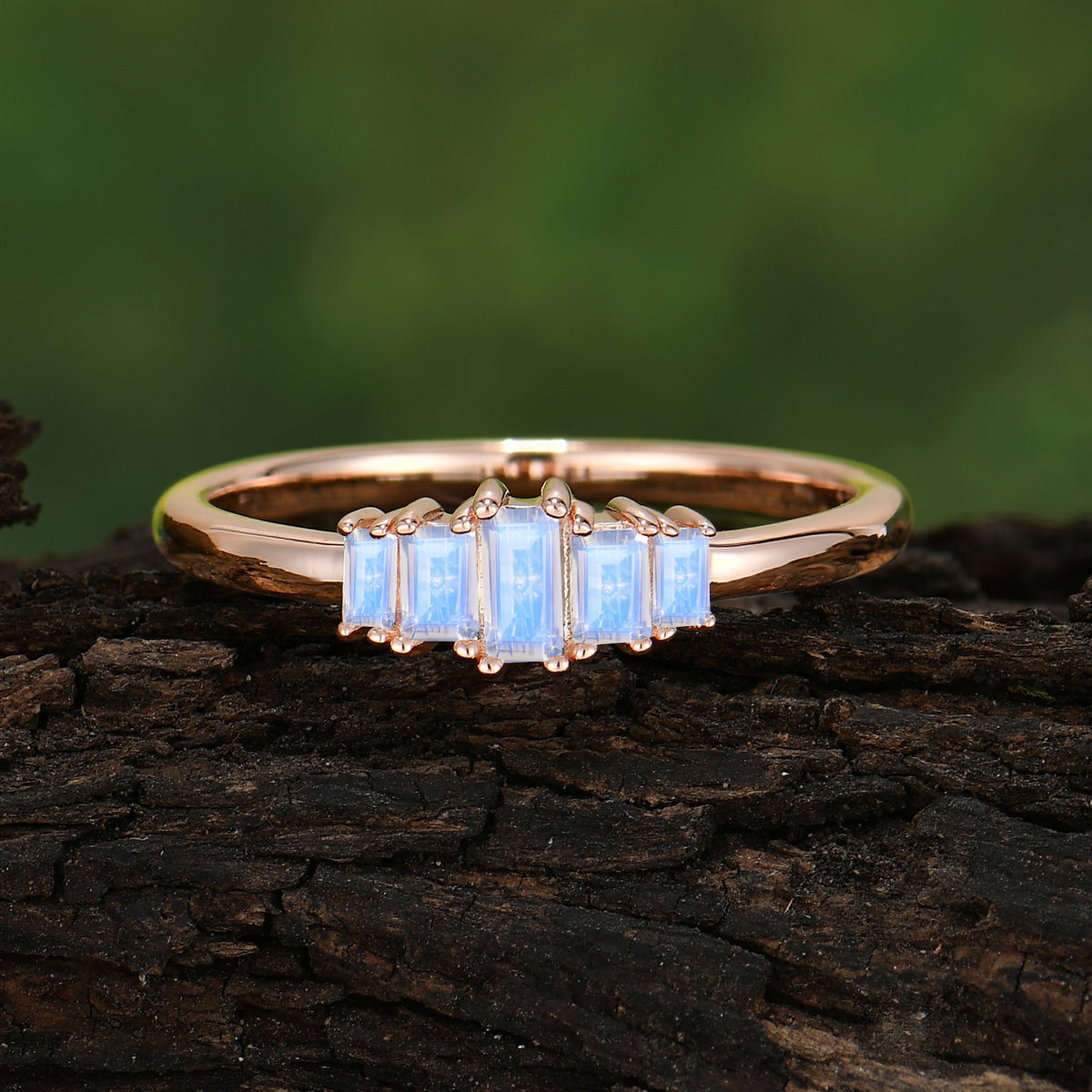 Baguette Cut Classic Moonstone Promise Ring Side Stone Stacking Ring