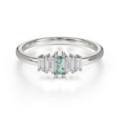Baguette Cut Classic Moss Agate Promise Ring Side Stone Stacking Ring