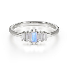 Baguette Cut Classic Moonstone Promise Ring Side Stone Stacking Ring