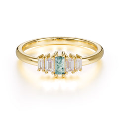Baguette Cut Classic Moss Agate Promise Ring Side Stone Stacking Ring