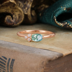 Moss Agate Oval Cut Ring Nature Look with Side Stones