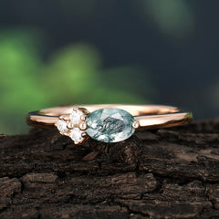 0.5 Carat Oval Cut Moss Agate with Side Stone Unique Promise Ring for Women