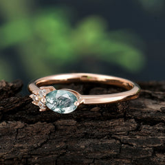 0.5 Carat Oval Cut Moss Agate with Side Stone Unique Promise Ring for Women