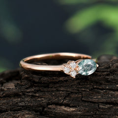 0.5 Carat Oval Cut Moss Agate with Side Stone Unique Promise Ring for Women