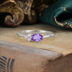 Romantic Amethyst Oval Ring with Side Stones for Women