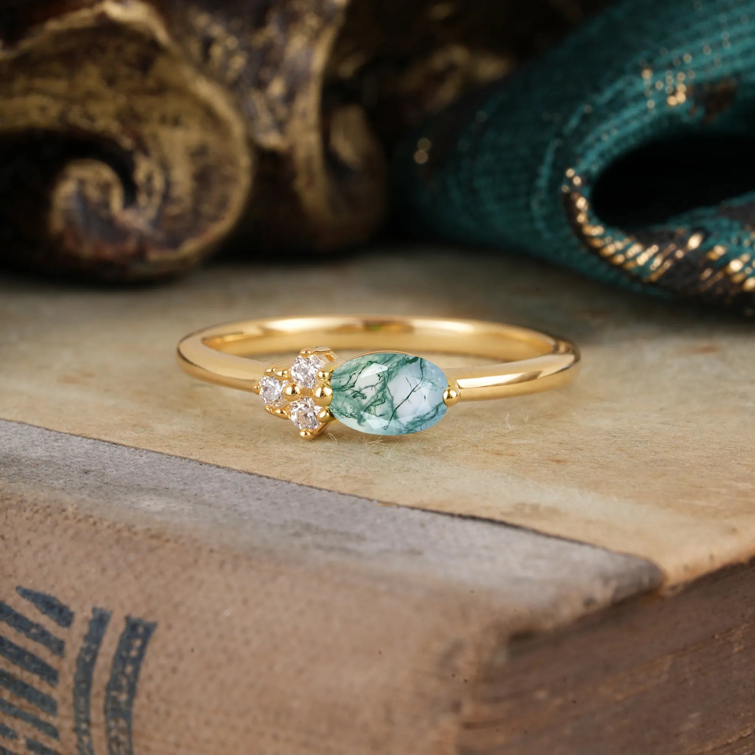 Moss Agate Oval Cut Engagement Ring Nature Look with Side Stones